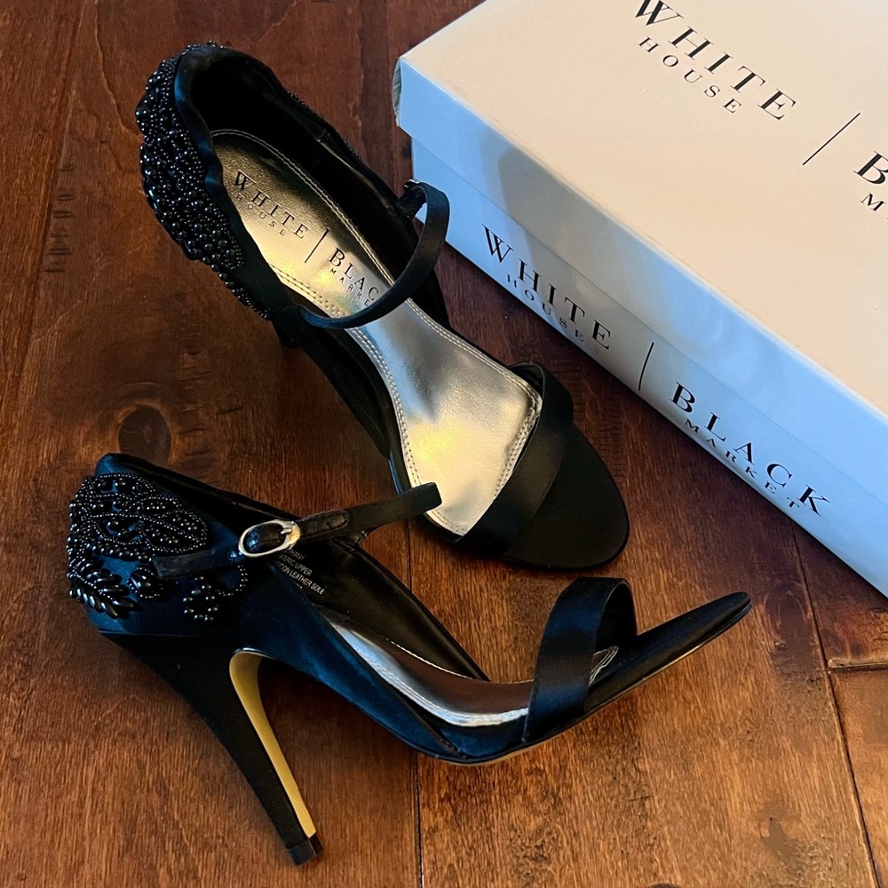 White House Black Market Black Satin Floral Beaded High Heels Open Toe Design 7M